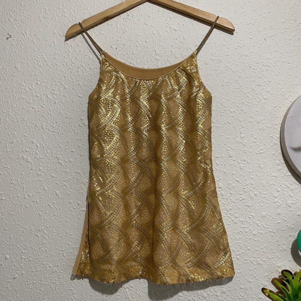 Vintage Body Central Gold Sequin Chain Strap Camisole Top Mesh Medium y2k fairy